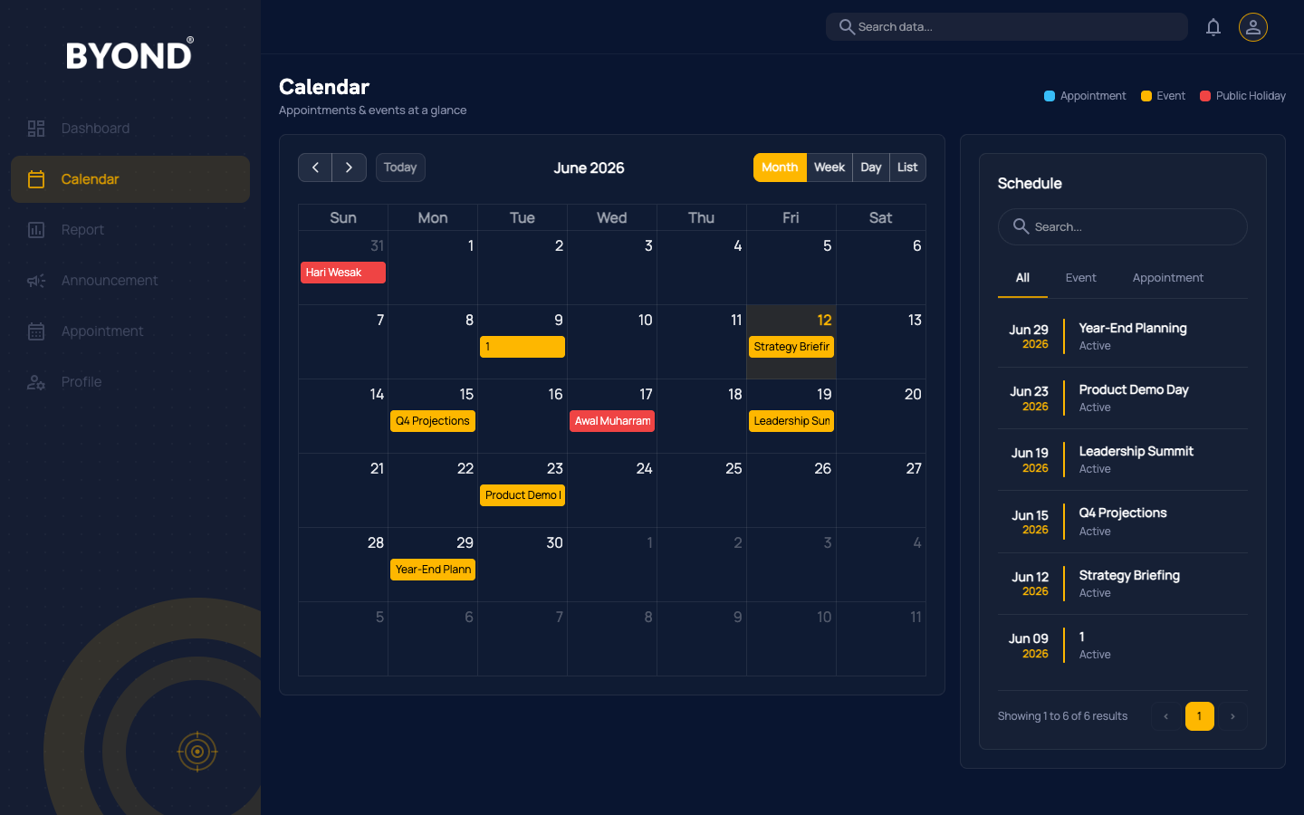 BYOND 365 Calendar module screenshot